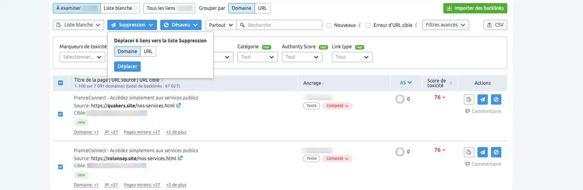 Créer liste de désaveux backlinks sur Semrush